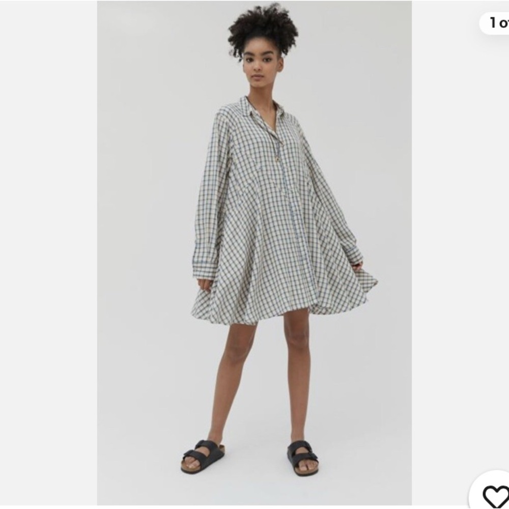 Aura Blue and White Plaid A-Line Shirt Dress with Dolman Sleeves